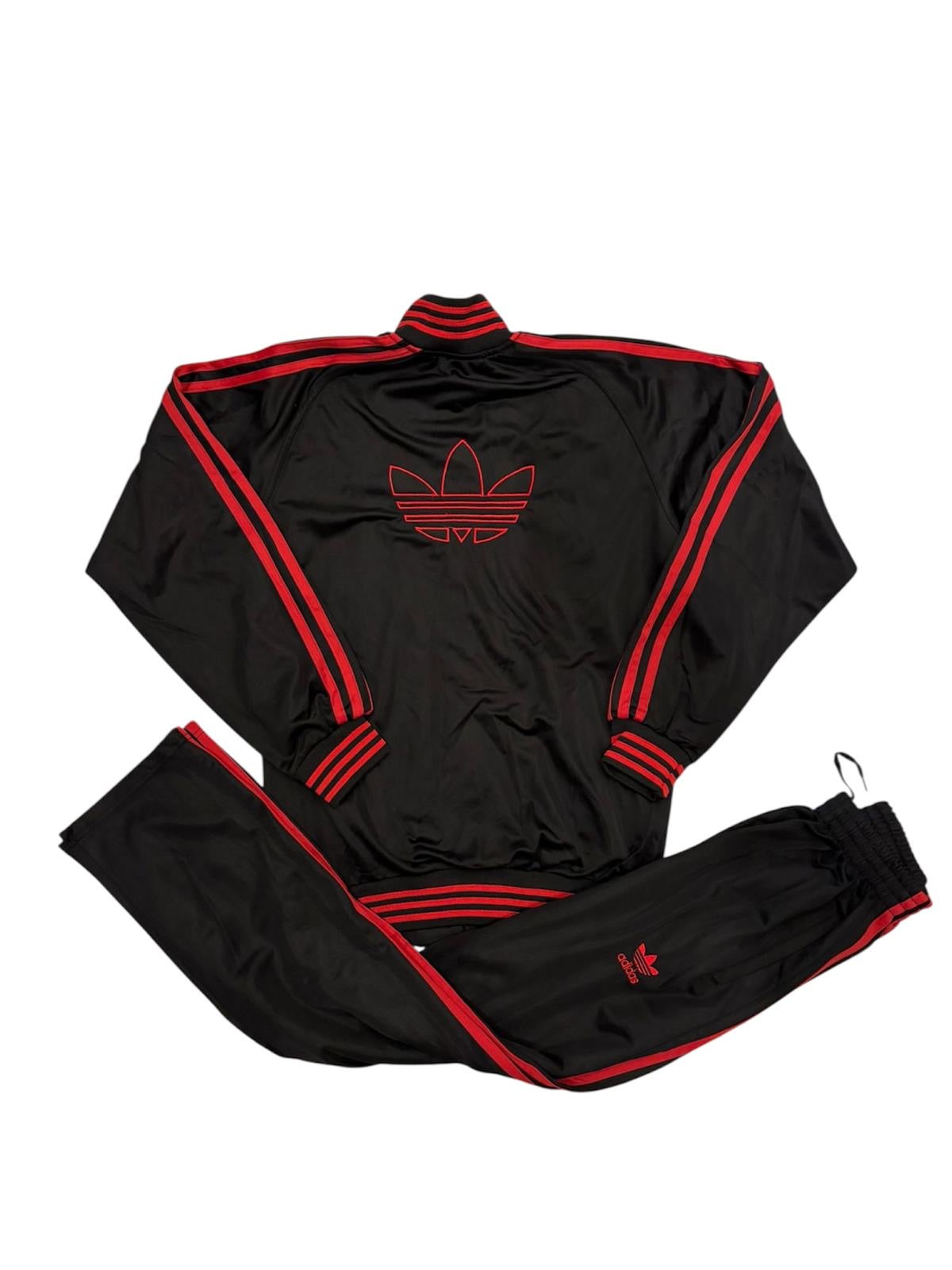 Vintage Adidas Firebird Tracksuit Black with Red Stripes Size M Full Set