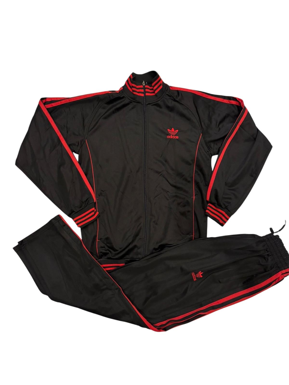Vintage Adidas Firebird Tracksuit Black with Red Stripes Size M Full Set