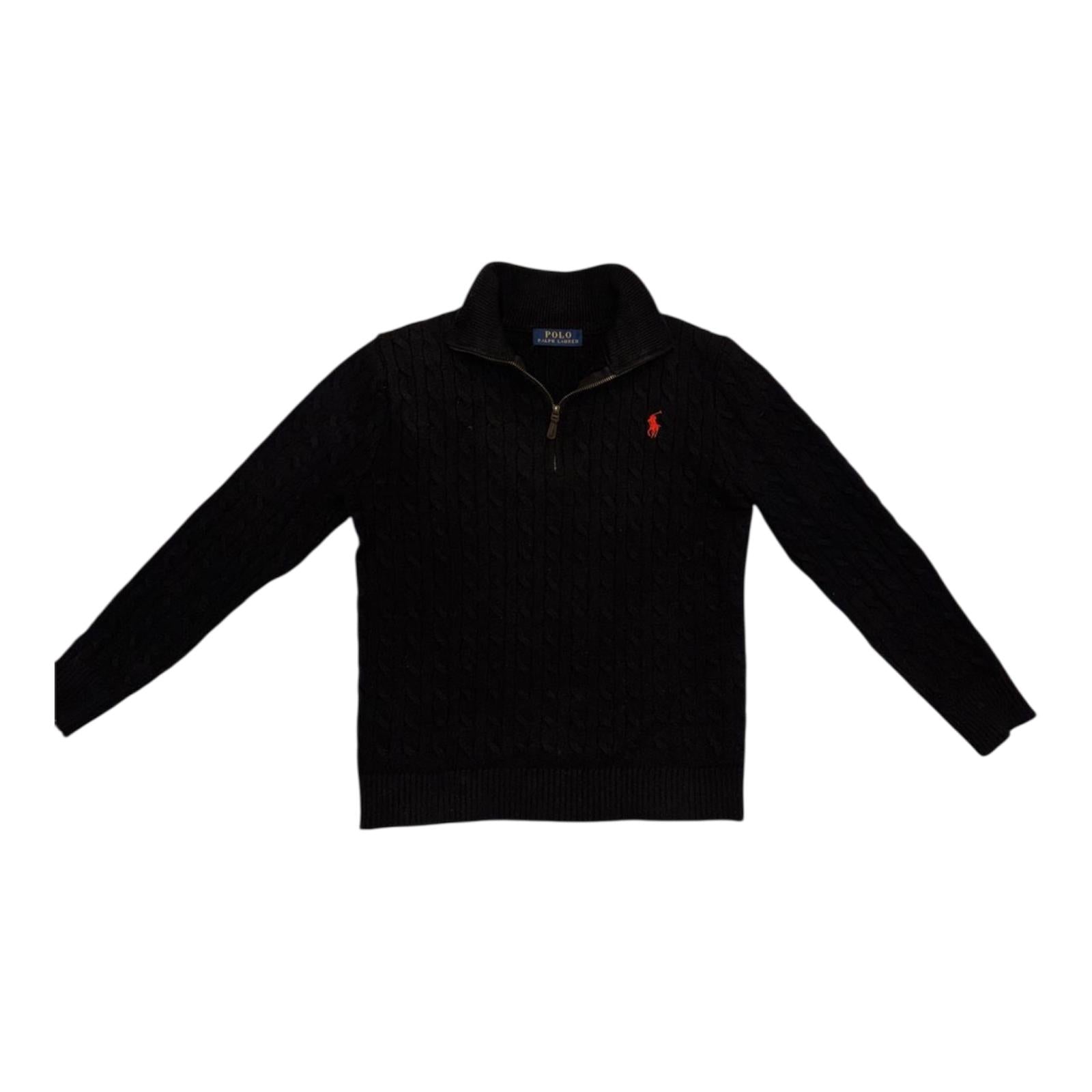 Ralph Lauren Quarter Zip Knit Sweater – Black, Red Logo, Size M