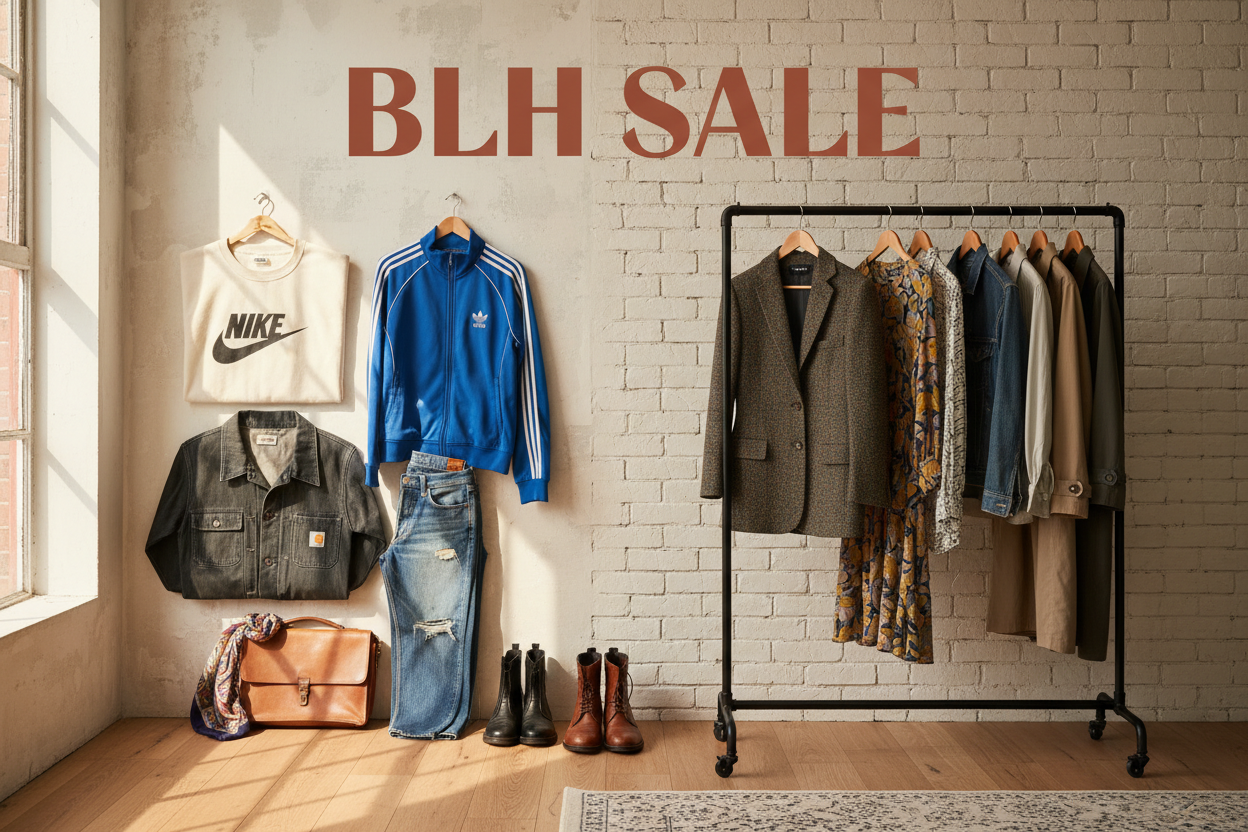 "Ein stilvolles, modernes Titelbild für eine Resell-Plattform mit hochwertiger Vintage-Mode. Ästhetischer Flat-Lay oder kuratierter Kleiderständer mit Markenklamotten wie Vintage Nike, Adidas, Carhartt, Levi’s und Designer-Pieces. Warme, harmonische Farben, sanftes natürliches Licht, dezente Retro-Texturen, minimalistischer Hintergrund. Moderner, einladender Vintage-Look, der Vertrauen und Stil vermittelt. Hochwertige, professionelle Komposition. Integrierter, klar lesbarer Schriftzug 'BLH SALE' im modernen